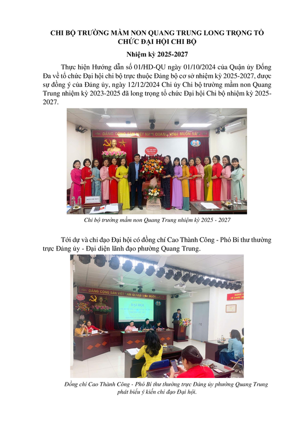 CHI BỘ TRƯỜNG MẦM NON QUANG TRUNG LONG TRỌNG TỔ CHỨC ĐẠI HỘI CHI BỘ NHIỆM KỲ 2025-2027
